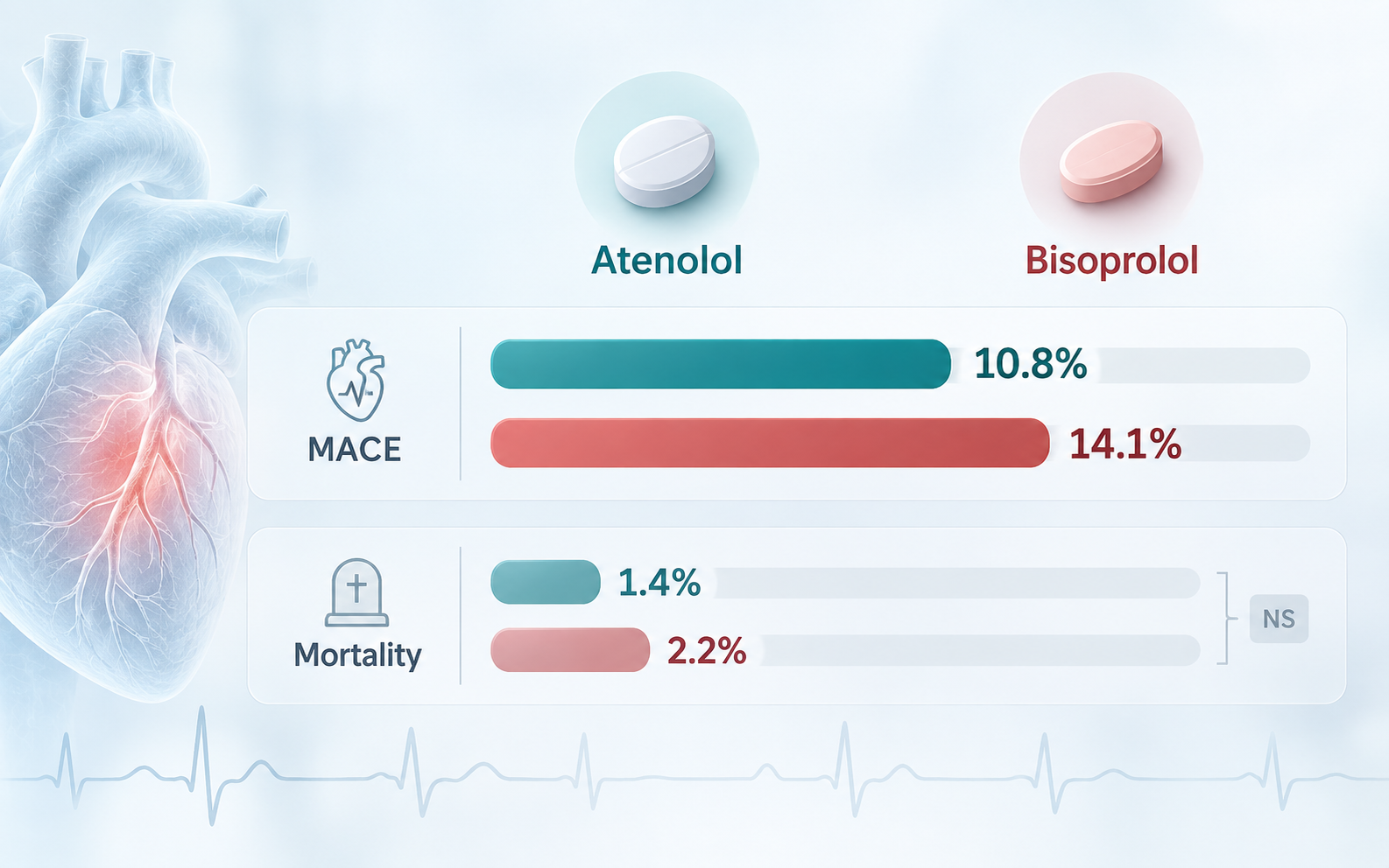Clinical comparison graphic showing weighted two-year MACE proportions of 10.8% with atenolol and 14.1% with bisoprolol after MI; mortality proportions of 1.4% and 2.2% are marked nonsignificant.
