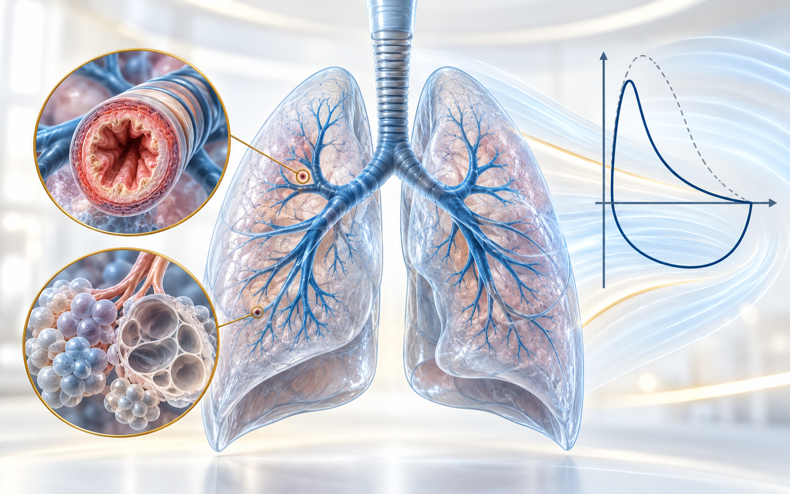 Clinical illustration of lungs, narrowed airways, emphysematous alveoli and an obstructive spirometry flow-volume loop.