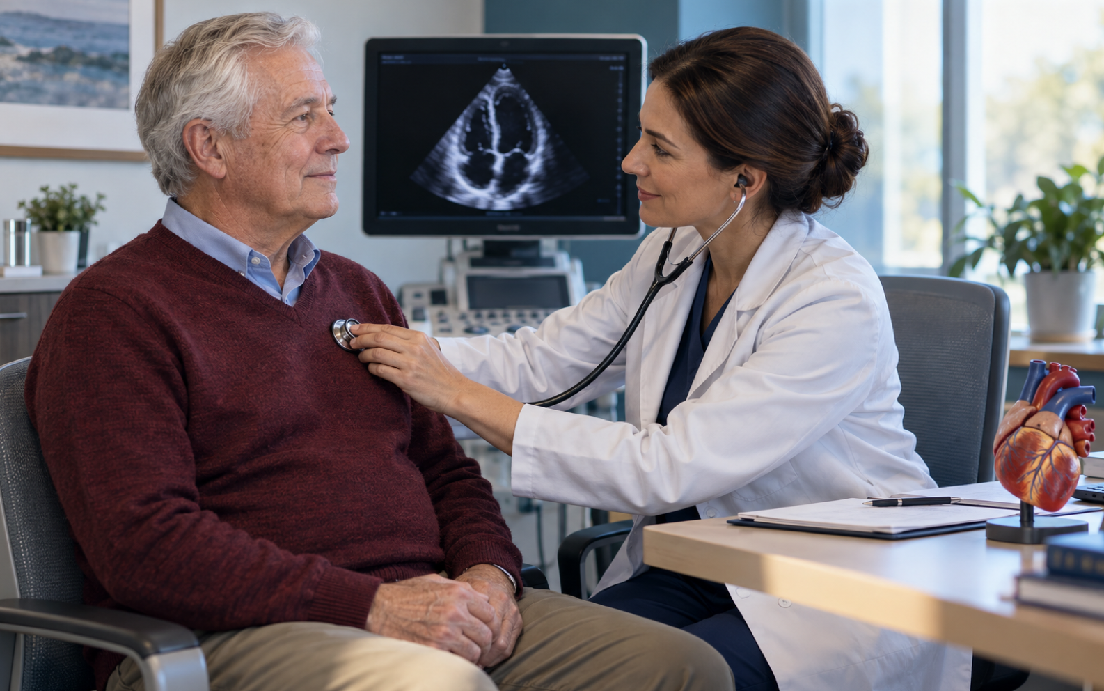 Older adult patient undergoing a calm cardiovascular assessment while a clinician uses a stethoscope, with an echocardiography image and anatomical heart model visible in the consultation room.