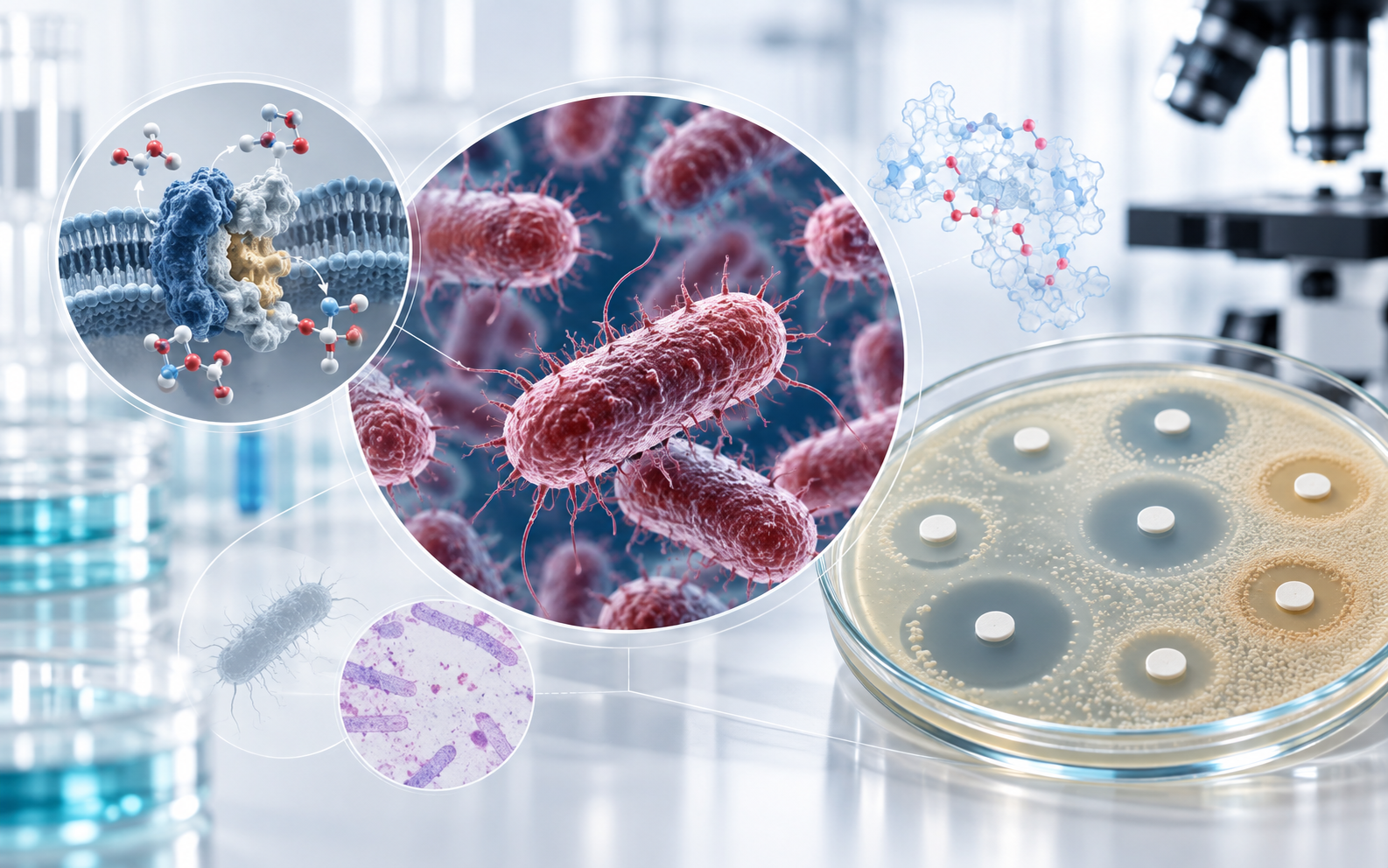 Clinical laboratory illustration of rod-shaped Gram-negative bacteria, resistance mechanisms and an antimicrobial susceptibility plate with varied inhibition zones.