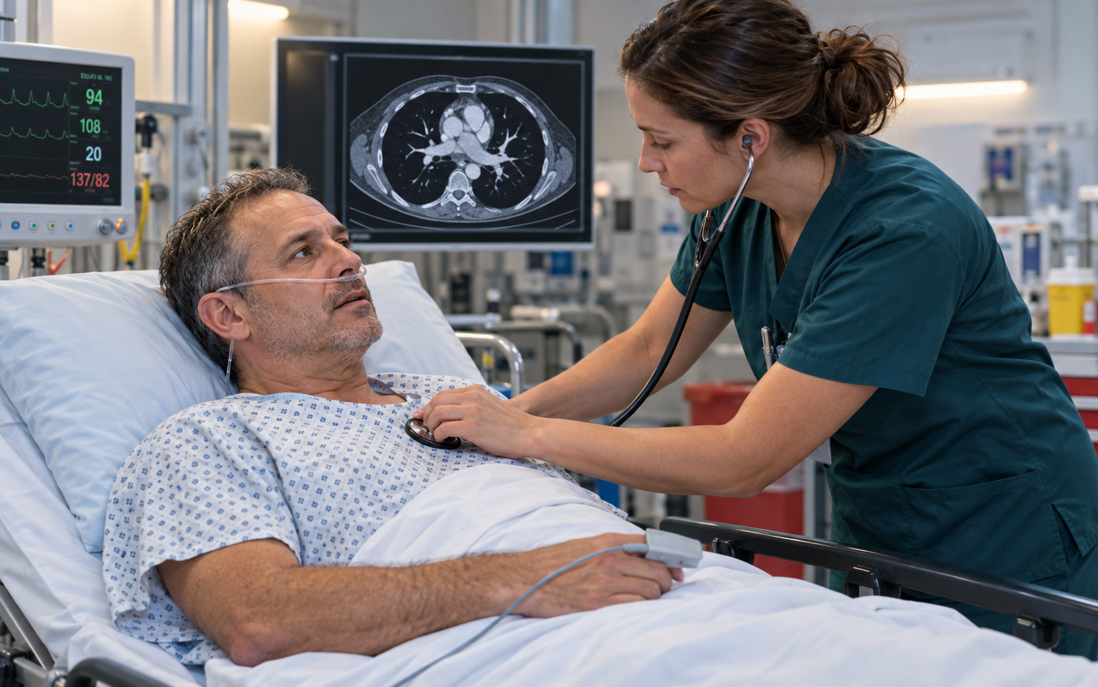 Adult patient being assessed for suspected pulmonary embolism in an acute-care setting while a clinician checks oxygen saturation and listens to the chest, with CT pulmonary angiography visible on a monitor.
