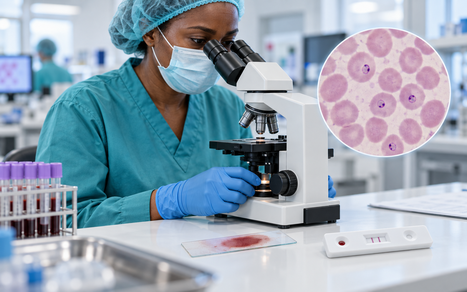 Medical laboratory professional examining a malaria blood smear, with a positive rapid diagnostic test and magnified red blood cells containing Plasmodium ring forms.
